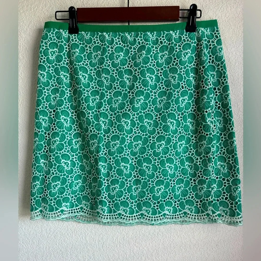 J. Crew Kelly Green Floral Embroidered Overlay Skirt